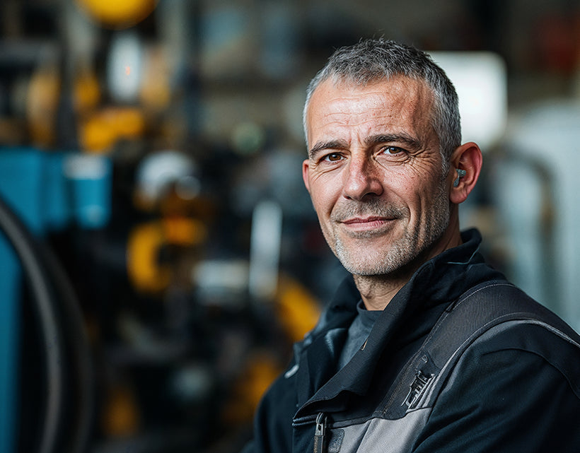 Man standing in a workshop with machinery in the background